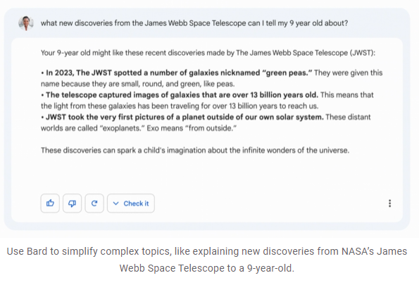 Google's Bard AI powered search engine results for query 'What new discoveries from the James Webb Space Telescope can I tell my 9 year old about?'