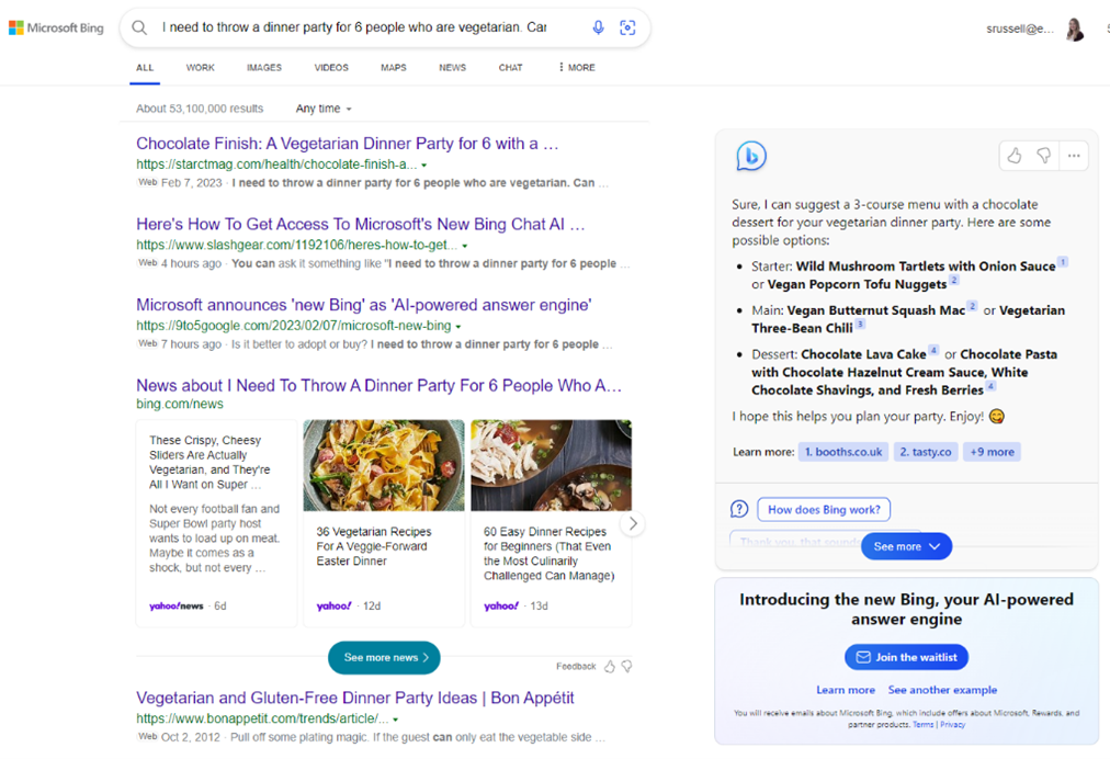 Bing AI powered search engine results for query 'I need to throw a dinner party for 6 people who are vegetarian.'