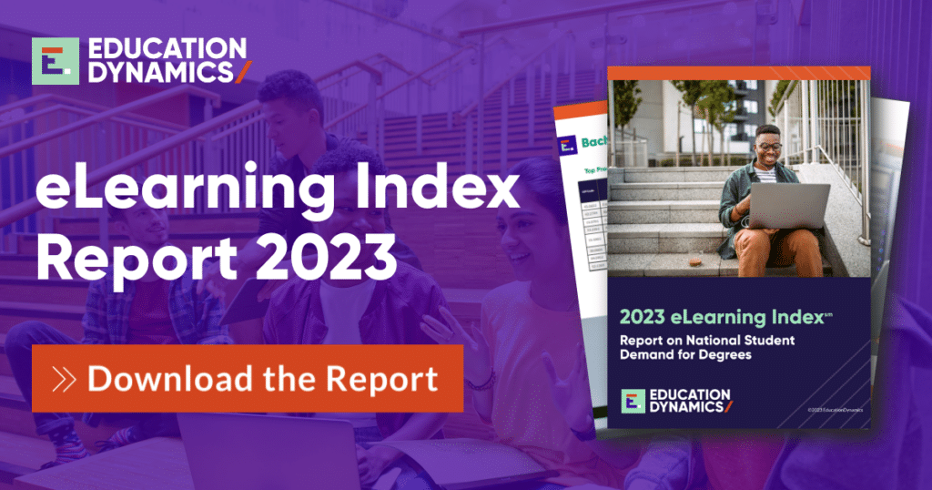 An image of colleges student with an overlay of the 2023 elearning Index report. The bottom left of the image shows a red button that says to download the report.