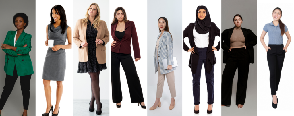 A group of women posing in different business casual attire 