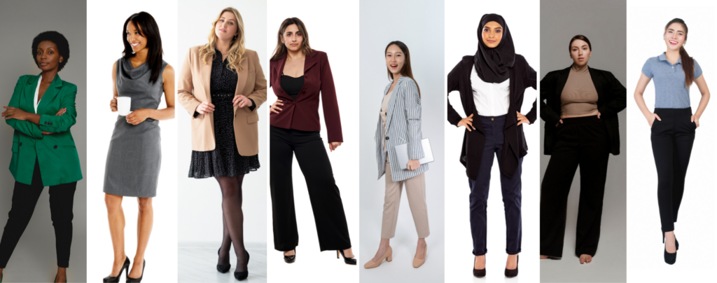 A group of women posing in different business casual attire