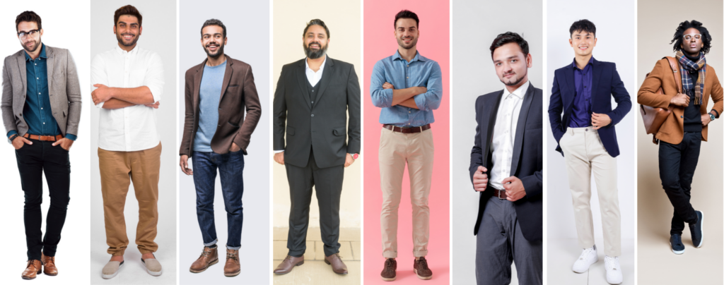 A group of men posing in different business casual attire 