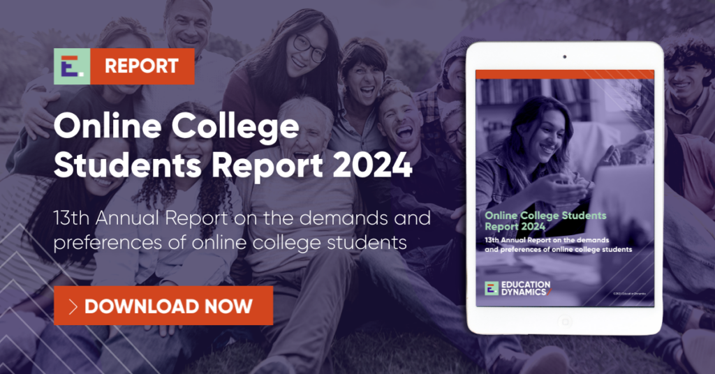 A decorative graphic CTA for the 13th annual Online College Students Report 2024. There is a red button that says "Download Now" and on the right is a image of the report on a tablet screen.