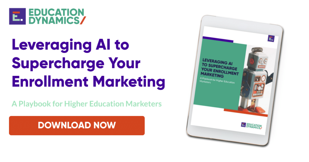 Advertisement for EducationDynamics' "Leveraging AI to Supercharge Your Enrollment Marketing" eBook. Click the download button to learn more.