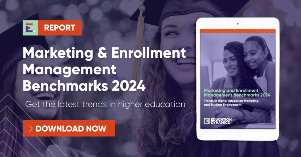 visually appealing graphic announcing the release of the Marketing and Enrollment Management Benchmarks report. The image features vibrant design elements and prominently displays a 'Download Report' button, inviting users to access the insightful findings.