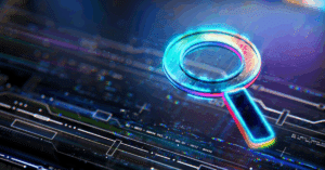 Futuristic magnifying glass on abstract colorful background